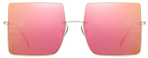 SHES Occhiali da sole quadrati oversize per le donne Designer Trendy Shades Semi-Rimless Metal Frame SH3103, C5-oro Montatura Revo Lenti Rosa, 138 mm