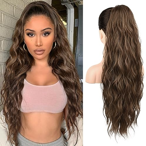 REECHO Ponytail Extension, 66 cm Long Beach Gewellt Zugband Pferdeschwanz Haarverlängerung Synthetischer Pferdeschwanz Haarteil für Frauen – Ingwerbraun