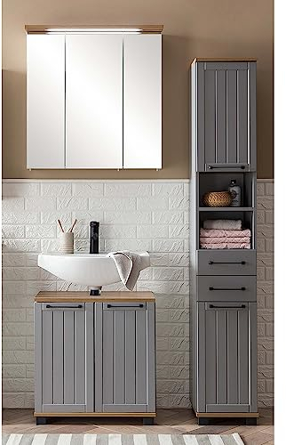 Lomadox Badmöbel Set mit LED-Beleuchtung im Landhaus-Stil, 3-teilig, grau mit Eiche Nb. | 1 Spiegelschrank, 1 Waschbeckenunterschrank, 1 Hochschrank