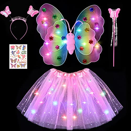 Tacobear Leuchtend Feenkostüm Feenflügel Schmetterlingsflügel mit Haarreif Zauberstab Fee Tattoos LED Tutu Tüllrock Mädchen Kinder Halloween Karneval Feen Geburtstag Party Fasching Kostüm