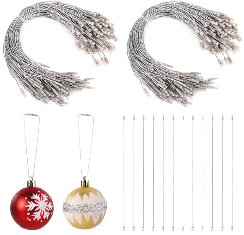 200 Stück Ornament Aufhänger Schnur, Metallisch Aufhänger Schnur Dekorative Ornament-Schnuraufhänger mit Druckknöpfen für Weihnachtsbaum Hängen Urlaub Party Ornament Dekorationen (Silber)