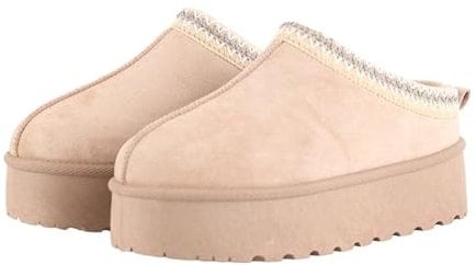 MIOBER Ladies Suede Slipper, Women's Slip On Indoor Platform Slippers,Faux Fur Warm,Plush Thermal with Anti-Skid Sole,Lined Outdoor Winter Boots(MOBI3-MOCHA+GREY Webbing,UK05)