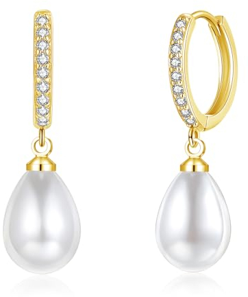 Loutade Ohrringe Gold 925 Creolen mit Anhänger, 925 Sterling Silber Creolen mit Perlen Anhänger, Klein Knorpel Schlafen Perlenohrringe Creolen Silber Gold Ohrringe Hängend für Damen Frauen Mädchen
