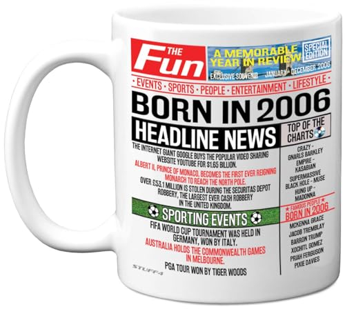 Stuff4 Tasse d'anniversaire 18 ans pour homme et femme – Journal « Born in 2006 » – Cadeau d'anniversaire pour fils, fille, cousin, vintage, rétro, « Back in 2006 », 18 ans Bday, 325 ml