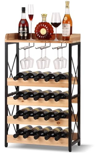 Safona Massivholz Weinregal für 20 Flaschen, Solid Wood Wine Rack, 5 Ebenen Freistehender Wein Regal mit Glashalter und Tischplatte, Flaschenregal für Keller, Bar, Küche, Esszimmer, 55×27×90cm