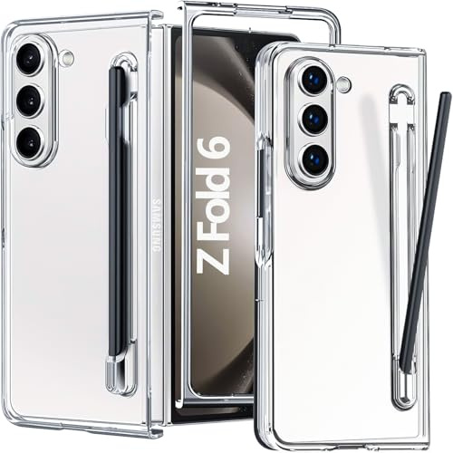 QiiStar für Samsung Galaxy Z fold 6 Hülle mit S Pen & Displayschutz, Galaxy Z fold6 Handyhülle S Pen Halter Hart PC Stoßfeste Full Cover Case Schutzhülle für Samsung Fold 6 5G, Transparent