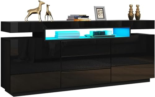 Anrichte Kommode, AnrichteSchrank mit LED-Beleuchtung, Hochglanz-Aufbewahrungsschrank mit 2 Türen, 3 Schubladen, große offene Regale für Esszimmer Wohnzimmer Küche Flur, 160 x 35 x 72 cm (Schwarz)