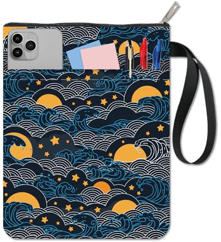 CRASPIRE Wave Book Sleeve Star Book Protector Moon Book Covers for Paperbacks Washable Fabric Cloth Book Cover with Zipper and Extra Sleeve Pocket for Book Lovers Classmate Gifts