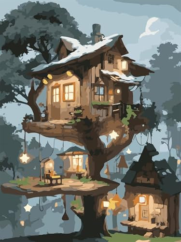 Yoonqun Malen Nach Zahlen Erwachsene,Cartoon-Baumhaus DIY ohne Rahmen Ölgemälde auf Leinwand Erwachsene Kinder Ölgemälde Kit mit Pinseln und Acrylfarbe für Home Décor 60x75cm