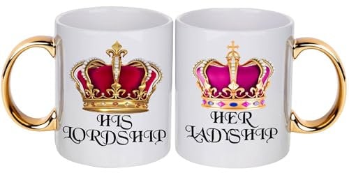Funny Funny Tea & Coffee Mug Set for Men & Women Gold Handle Her Ladyship & His Lordship King Queen Perfect for Couples Mum Dad Anniversary Christmas One Size