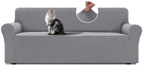 BellaHills Stretch Sofa Überzug 3 Sitzer (185-215cm), Sofaschoner rutschfest Mit Armlehne, Dicke Sofabezug Für Haustiere, Waschbare Sofa Cover, Hellgrau