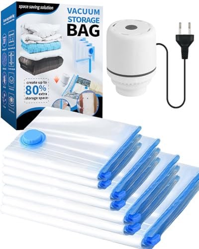 Sac sous Vide Vetement Aspirateur et Pompe Électrique, 7 Pièces Sac Rangement Sous Vide Aspirateur - 1 Jumbo, 2 Grands, 2 Moyens, 2 Petits Pour VêTements, Couettes, Voyages