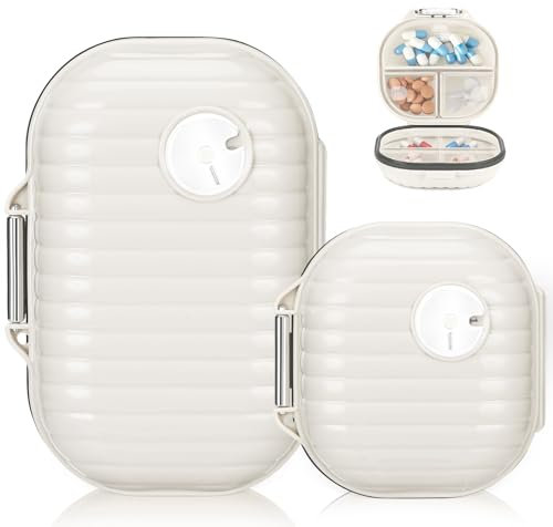 Lociban Tablettenbox, 2 Stück Tragbare Pillendose, Medikamentenbox 7 Fächer, Pillen-Organizer, Reise Pillenbox, Tablettenspender, Pill Box für Fischöle Vitamine（Weiß）