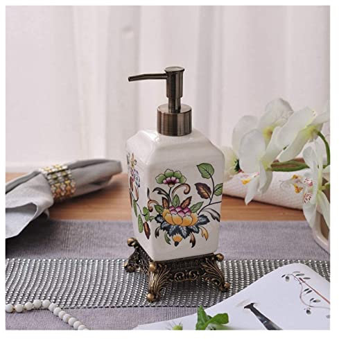 XXHNBF Seifenspender Lotion-Seifenspender aus Keramik mit Pumpe for Badezimmer, Bauernhaus, Küche, Büro, Vintage-Ölgemälde, Lilie, Blumenmuster, nachfüllbar, leer, dekorativ