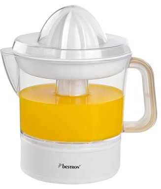 Bestron elektrische Zitrus- & Orangenpresse, inkl. 2 Presskegel und Aromadeckel, Motor mit zwei Drehrichtungen (links/rechts), Füllmenge: 0.7 Liter, Nordic Home Kollektion, Farbe: Mattweiß/Holz