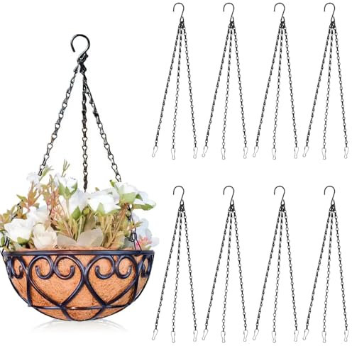 LoNinLoAn 8Pcs 40CM Hanging Basket Chains, 3 Point Hanging Plant Chains with Hooks, Black Heavy Duty Metal Replacement Chain for Hanging Basket Bird Feeder Flower Pots