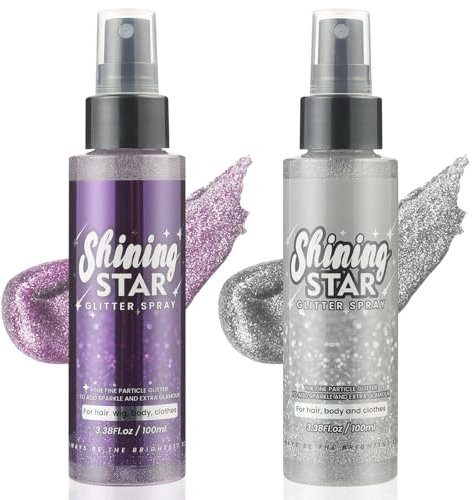 LOPHE Spray Brillantini Glitter, Glitterato Spray per Corpo Viso, Brillantini Corpo Vestiti per Capelli, Ultra Fine, Body Shimmer per Festival di Halloween, Club, Feste (100ml, Argento + Viola)
