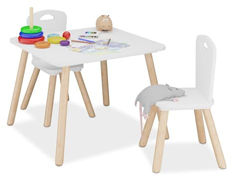 Relaxdays Kindersitzgruppe, 3-TLG., Kindertisch mit 2 Stühlen, Mädchen & Jungen, Sitzecke fürs Kinderzimmer, weiß/Natur