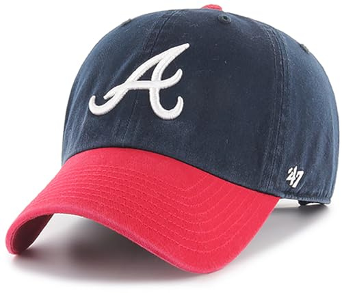 47 Brand MLB Two Tone Primary Logo Clean Up Adjustable Baseball Cap Hat, Adult One Size Fits All, Atlanta Braves Navy Red, One size