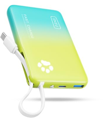 INIU Portable Charger, Slimmest 10000mAh Power Bank with Build in USB-C Cable, 20W PD Fast Charging USB C in&Out Battery Pack, External Phone Charger Blue Yellow