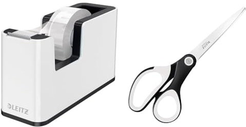 Leitz Set Klebeband-Tischabroller + Titan Qualitätsschere, Klebebandabroller mit festem Stand inkl. Klebeband, Schere für Rechts- oder Linkshänder (beidhändig), Weiß/Schwarz, WOW, 53641095 + 53192095