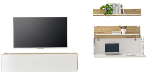 Furn.Design Wohnwand mit Sekretär in weiß und Wotan Eiche Wohnkombination 3-teilig 270 x 170 cm, Center