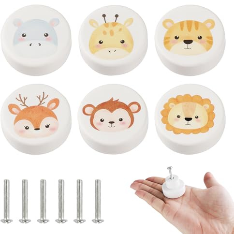 ZoeWei Drawer Knobs, 6PCS Wooden Cute Animals Cabinet Knobs with Screws Round Cupboard Dresser Handle Furniture Pull Handle for Kids Room Nursery Cabinet Closet