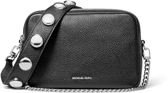 Michael Kors Women's Bryant Medium Double Zip Chain Camera Crossbody Bag, Silver-Tone Hardware/Pebbled Leather W/Dome Studded Strap/Black, One Size