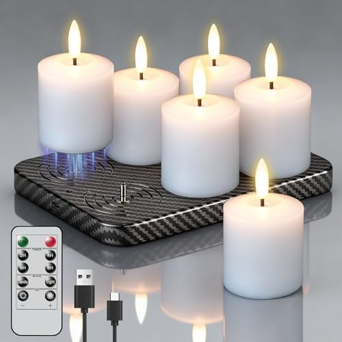 Eldnacele Rechargeable LED Tea Lights, 6 Pack with Charging Base and Remote | Real Wax, White Finish, 2/4/6/8-Hour Timer, Dimmable, Flameless Flickering Glow, Home and Christmas Decor