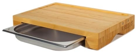 Schneidebrett Bambus, Auffangschale, Saftrille, magnetische Messerhalterung | Profi Holz Küchenbrett mit Auffangbehälter (Gastro Edelstahl Auffangwanne) Bambusbrett mit Gastro-Wanne, Brett Maße 43x29x7cm