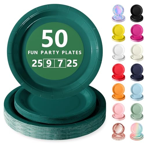 Nkaiso 50 Pcs Dark Green Disposable Party Paper Plates Set | Party Supplies- 25x9inch & 25x8inch Plate Elegant Disposable Tableware for Birthday, Wedding, Shower