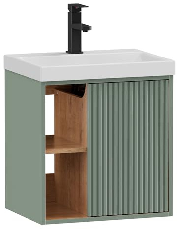 UEV Mueble de Baño con Lavabo de Resina y Grifo en el Centro, Mueble de Baño Suspendido con Diseño único y Práctico, Motivo de Rayas Verticales, 49 x 37 x 50 cm, Verde