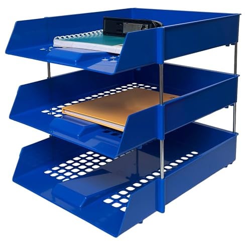 A4 Blue Plastic Letter Trays with Risers – 3 trays Stackable Desk Document Organiser