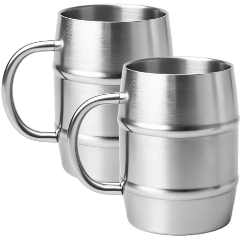 2 Stück Doppelwandiger Edelstahlbecher, 500ml Edelstahl Camping Becher, Edelstahl Kaffeebecher mit Henkel, Camping-Tasse Outdoor, Doppelwandige Isolierbecher für Kaffee, Milch, Saft, Tee