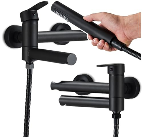 Badewannenarmatur Slim Tube Wandmontage mit klappbarem Auslauf, Duscharmatur mit Handbrause und Keramikkartusche, Badewannenarmatur aus Messing für Badezimmer (Schwarz)
