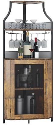 GarveeMore Buffet d’Angle Industriel – Armoire à vin 5 Niveaux avec Porte en Maille, Porte-Bouteilles, Porte-Verres – Meuble Bar de Rangement pour Cuisine, Salle à Manger ou Salon