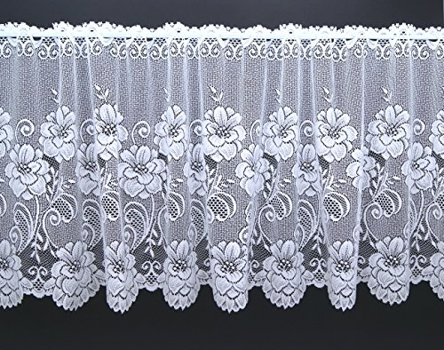 heimtexland Scheibengardine aus hochwertigem Jacquard mit Blumen in rein weiß Panneaux mit gebogter Kante - auch als Store erhältlich - Bistrogardine Rosen Bordüre Gardine Typ318 HxB 52x145 cm