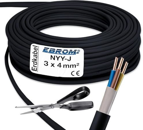 Ebrom au mètre près : câble d'alimentation électrique NYY-J 3 x 4 mm² - Câble de terre - Noir - Longueur au choix par incréments de 5 m - Ex. : 10 m - 20 m - 25 m - 30 m, etc.