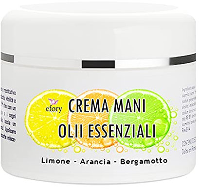 efory®cosmetics CREMA MANI OLII ESSENZIALI EFFICACIA IMMEDIATA Limone Arancia Dolce Bergamotto 150ml Ripara protegge e nutre le mani secche rovinate e screpolate.