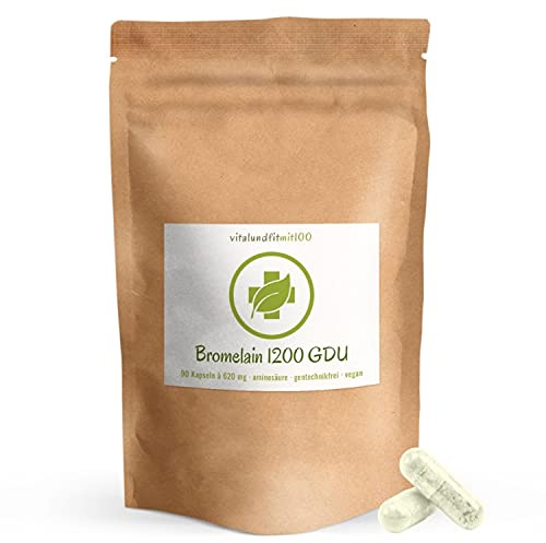 vitalundfitmit100 Bromelain 1200 GDU (2400 FIP), 90 Kapseln à 620 mg, Ananasextrakt, vegan