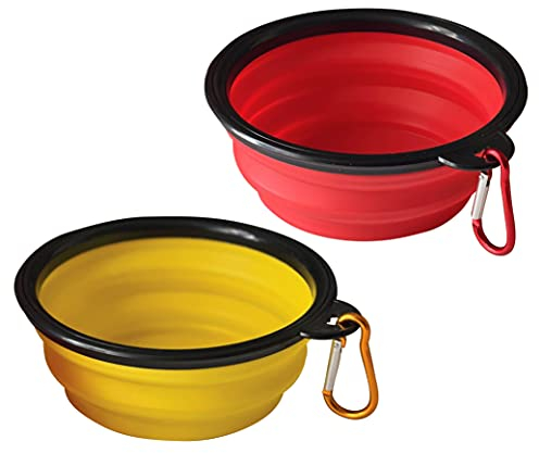 ARTISTRY Collapsible Dog Bowl Pack of 2 - Portable Travel Bowl for Small Pets, Silicone, Foldable with Metal Hook (Red/Yellow)