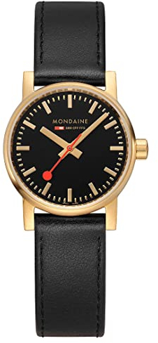 Mondaine - Evo2 MSE.30120.LB - Damen Uhr 30mm - Bahnhofsuhr in Gold mit schwarzem Lederarmband - 30m Wasserdicht Saphirglas - Hergestellt in der Schweiz
