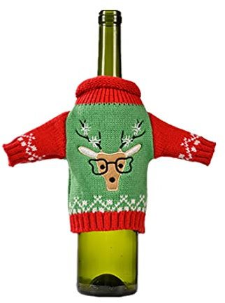 OTKARXUS Christmas Wine Bottle Cover- Knitted Sweater Wine Bottle Covers Bags Garland Snowman Bells Elk Pattern for Christmas Party Table Decors Wrap (D Elk)