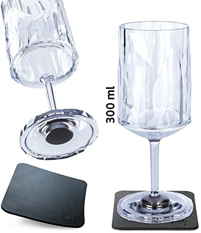Silwy® Lot de 2 verres magnétiques en plastique avec coussinets en métal Nano Gel Idéal pour le camping, la caravane et le bateau (vin // 0,3 l)