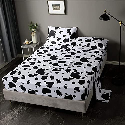 Lanqinglv Spannbettlaken 90x200cm bis 25-30 cm Steghöhe Bettlaken Schwarz Weiß Kühe Muster Mikrofaser Jersey Kinder Boxspringbett Spannbetttuch