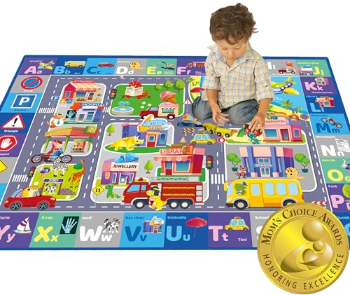 Bodenspielmatte für Babys, superweicher Plüsch, ABC-Spielmatte für Kinder, Kleinkinder und Kleinkinder – extra dick (0,8 cm), großer gepolsterter, rutschfester Autoteppich mit Stadtmotiv