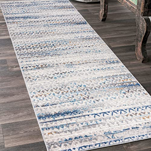Mazovia Teppich Läufer Flur - Modern Teppichläufer – Kurzflor, Weich - für Vorzimmer Eingangsbereich Schlafzimmer Küche Korridor - Abstrakt Muster - 100 cm Breite Grau Blau 100 x 750 cm