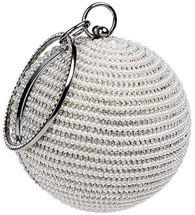CORIOS Clutch Damen Perlen Abendtasche Runde Kugel Strass Clutch Bag Klein Tasche Schultertasche Abnehmbarer Kette Umhängetasche für Hochzeit Abendparty Geburtstag Tanzparty Bankett Silber