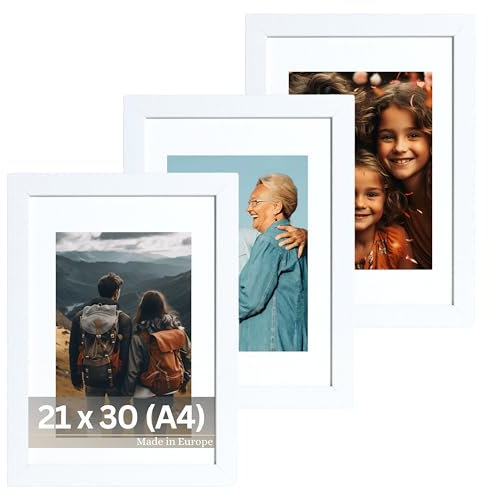 VictoR Bilderrahmen Passepartout Richter Weiß 3er Set in 21x30 cm (A4) mit 15x21 (A5) Passepartout - Fotorahmen Holz - Leiste: 25x20mm - Bilderrahmen Set A4 Weiß