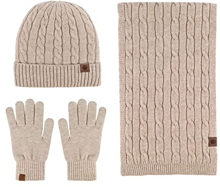 Mutze Schal Set Damen Grau, Damen Mütze Touchscreen Handschuhe Schal Set Bommelmütze mit Fleece und Leopardenmuster
